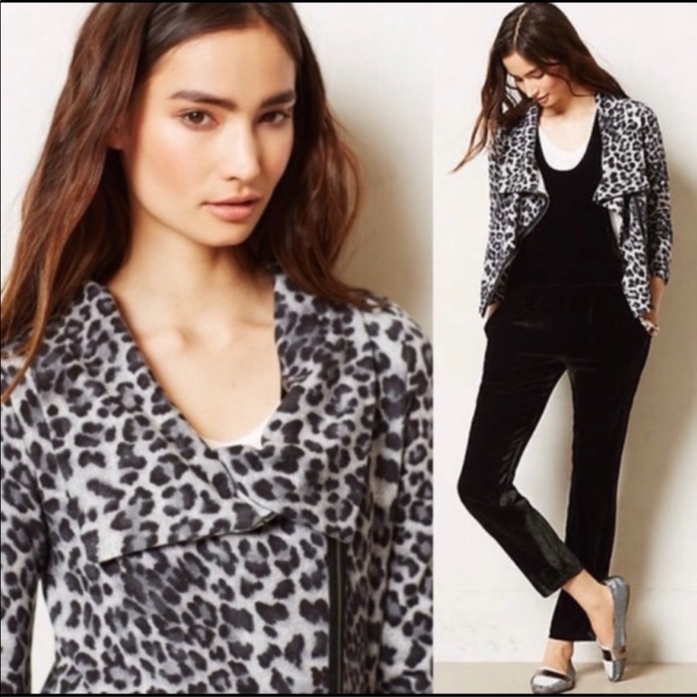 Women’s Anthropologie Bordeaux Gray Leopard Print Moto Zip Up Jacket Size Medium